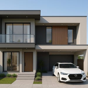 May include: Modern two-story house with a white car parked in the driveway. The house features a flat roof, large windows, and a combination of gray, white, and wood paneling. Landscaping includes green grass and small trees.