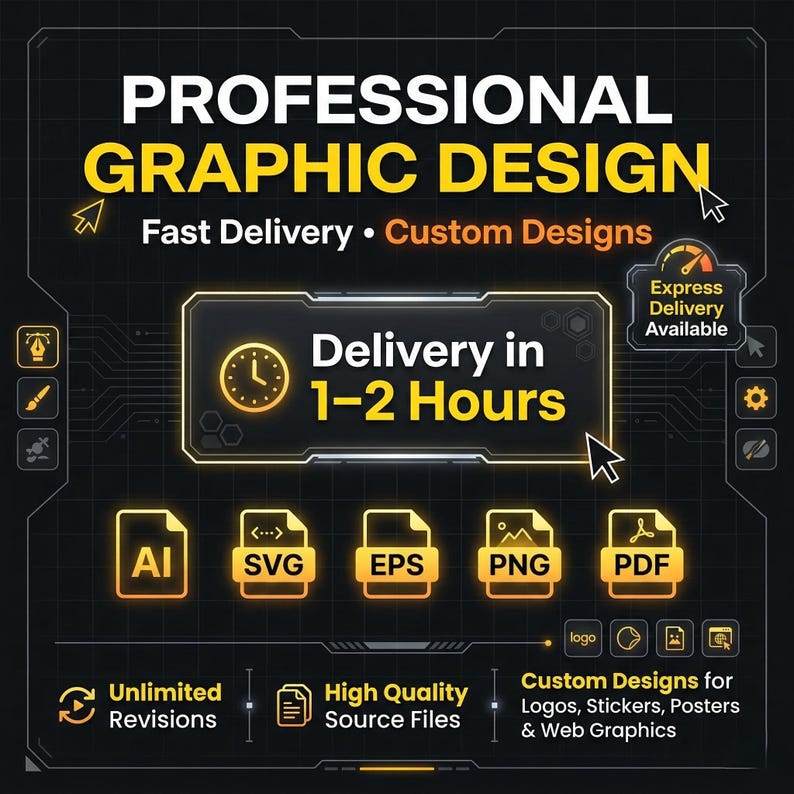 May include: A graphic design advertisement with the text "PROFESSIONAL GRAPHIC DESIGN" in yellow and white. It highlights fast delivery, custom designs, and delivery within 1-2 hours. Includes file format icons for AI, SVG, EPS, PNG, and PDF.