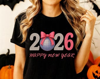Feliz Año Nuevo 2026 PNG: Lazos coquetos rosas, bola de discoteca (Descarga digital)