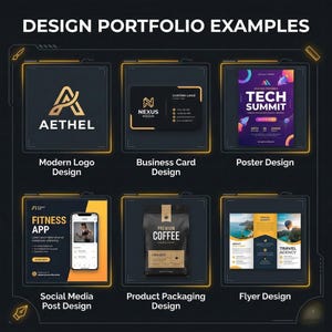 May include: A design portfolio showcasing examples of modern logo design, business card design, poster design, social media post design, product packaging design, and flyer design. The text "DESIGN PORTFOLIO EXAMPLES" is at the top.