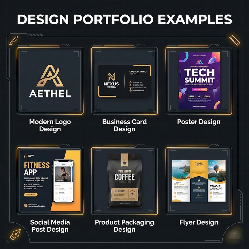 May include: A design portfolio showcasing examples of modern logo design, business card design, poster design, social media post design, product packaging design, and flyer design. The text "DESIGN PORTFOLIO EXAMPLES" is at the top.