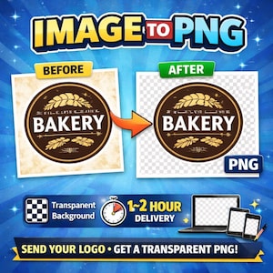 May include: Image showing a before-and-after comparison of a bakery logo, transforming it into a transparent PNG. The image includes the text "IMAGE TO PNG", "BAKERY", and information about transparent backgrounds and delivery.