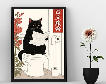 Impresión de gato negro japonés en el inodoro: arte divertido para pared de baño, descarga digital