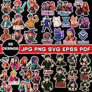 May include: A collection of 35 sticker designs featuring various cartoon characters and logos. The stickers include characters with swords, a cat, a fox, and text such as "EPIC!", "NOVA PULSE", "K-POP", and "DEMON HUNTER". Formats include JPG, PNG, SVG, EPSS, and PDF.