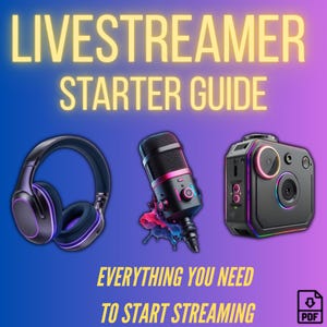 以下が含まれることがあります： 「LIVESTREAMER STARTER GUIDE」と「EVERYTHING YOU NEED TO START STREAMING」というテキストが入ったデジタルグラフィック。ヘッドセット、マイク、カメラが描かれており、すべてネオンアクセントがあり、青と紫のグラデーションの背景になっています。