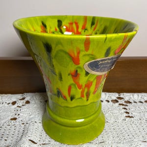 Vintage California Pottery Drip Glaze Vase – Avocado Green, Red, Black