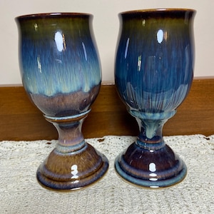 Bill Campbell Wine Water Goblets Studio Art Pottery Drip Glaze.                          4/5