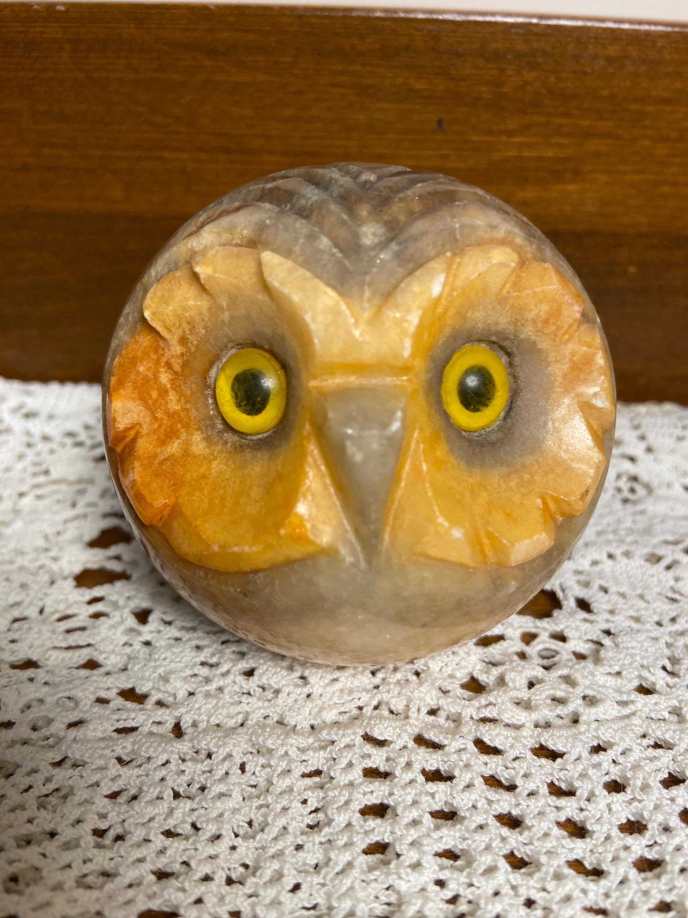 Carved Owl Paperweight Genuine Alabaster Italian Glass Eyes. 1/13