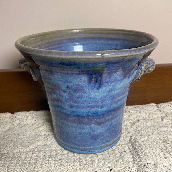 Ceramic Pottery Crock Vase Vessel Hand Thrown Lug Handles Blue Drip Glaze.           0/0