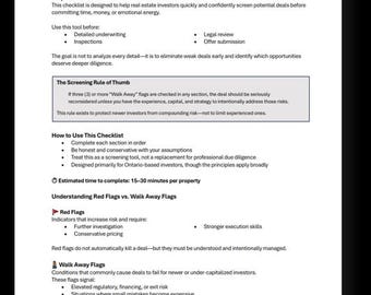 Real Estate Investor Deal Screening Checklist | Kill Bad Deals Fast | Go / No-Go Analysis Tool