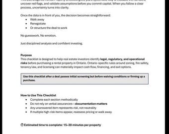 Ontario Rental Property Due Diligence Checklist | Investor Risk Assessment (PDF)