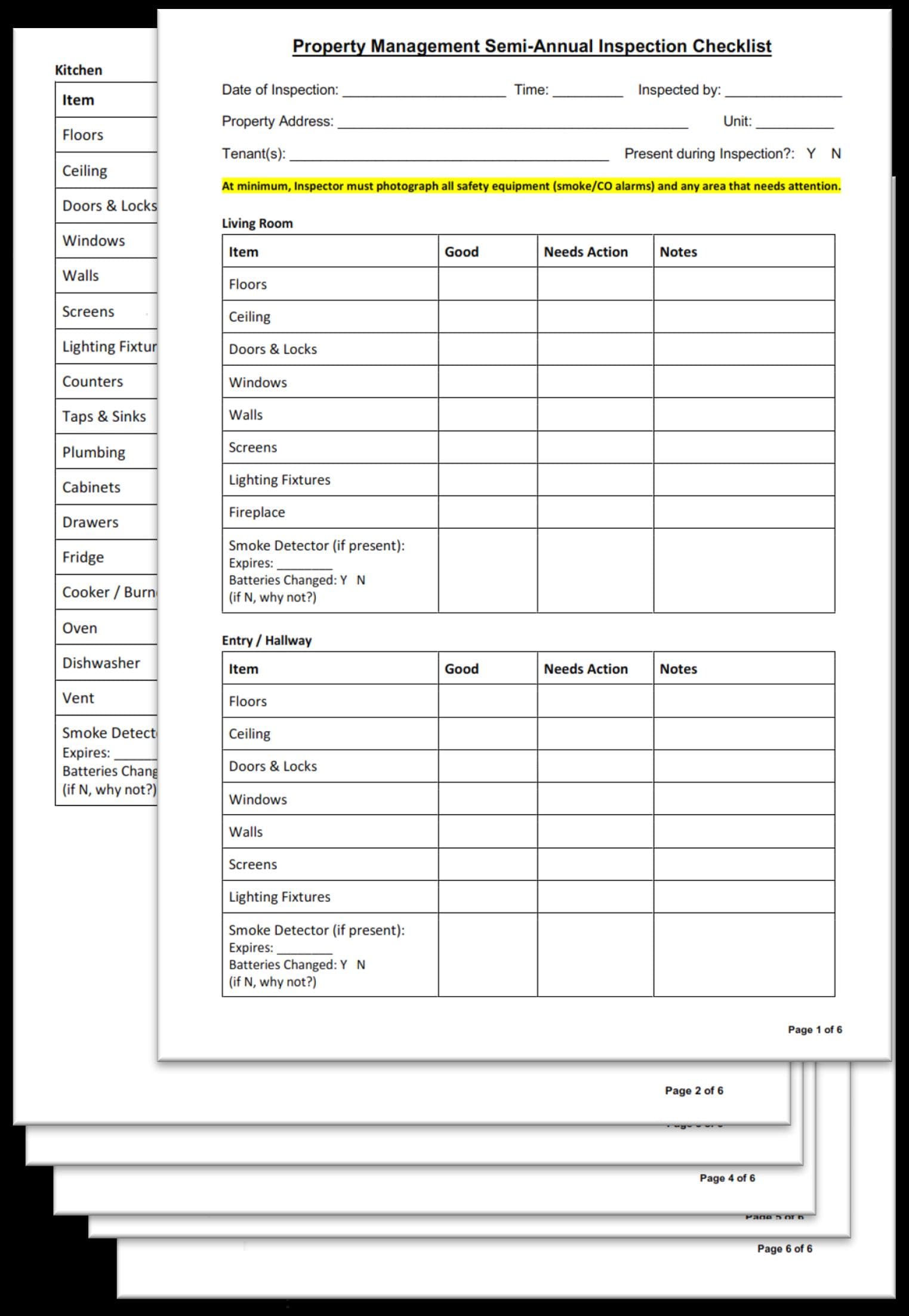 Semi-Annual Rental Inspection Checklist with property condition fields