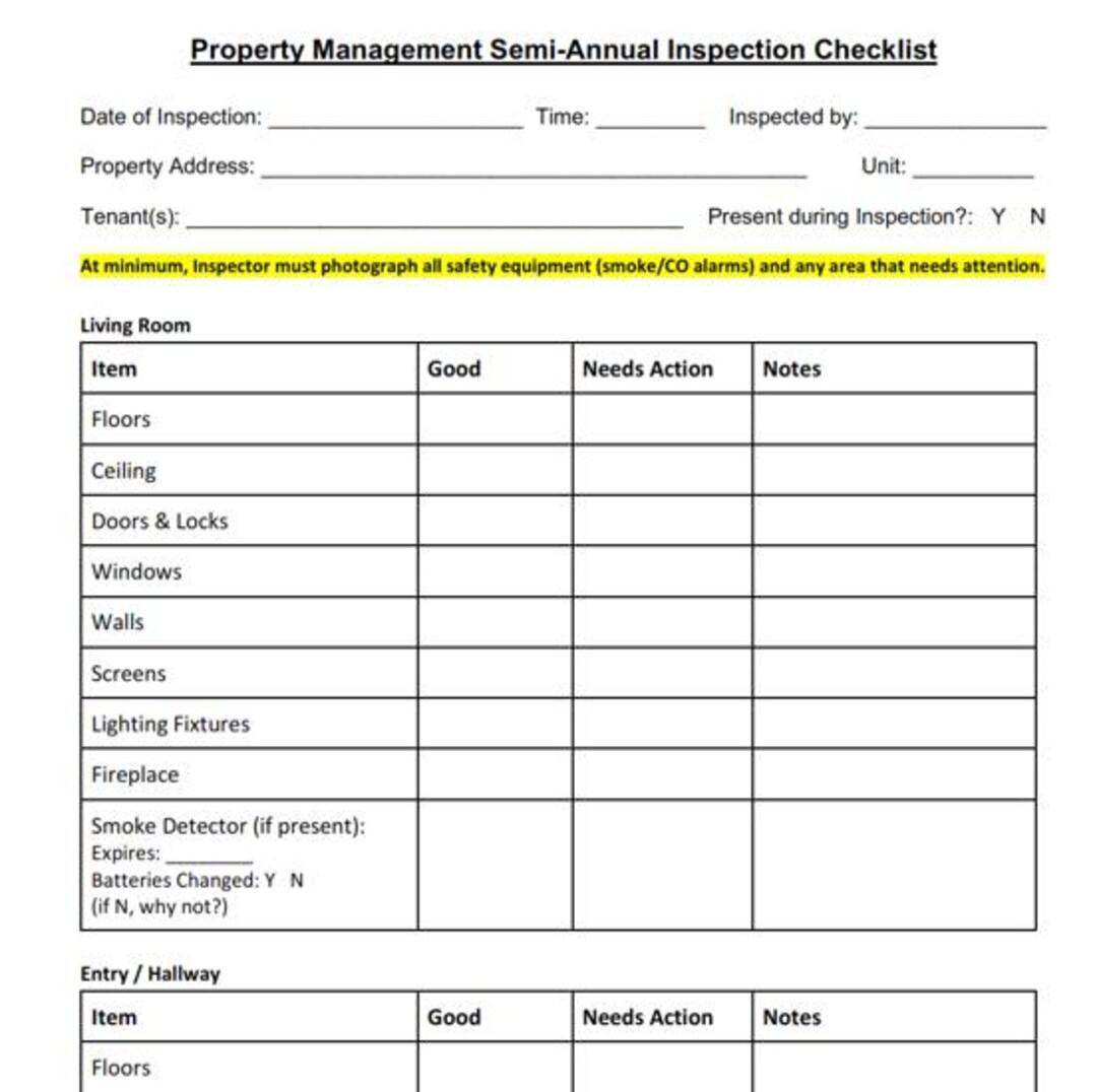Tenant Inspection Worksheet.pdf Landlord Semi-annual Rental Inspection Checklist (PDF) - Etsy