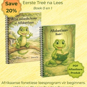 May include: A bundle of two spiral-bound children's books with illustrations of a green lizard and a frog. The books are titled "Attie akkedis kuier in Alfabetlaan" and "Alfabetlaan Boek I". The image includes text that says "Begin Bundel" and "Save 20%."