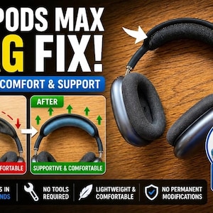 Könnte beinhalten: AirPods Max Sag Fix mit blauem Memory-Foam-Einsatz. Das Bild zeigt einen Kopfhörer mit durchhängendem Bügel und einen Vorher-Nachher-Vergleich. Der Text lautet "Sofortiger Komfort & Unterstützung".