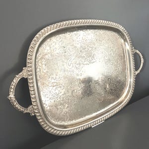 Large Silver Tray Butlers Vintage Rectangular Serving Etched Bar Tray With Handles | Table Ottoman Decor | Regency Hollywood Mid Century