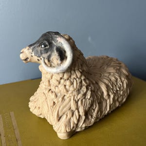 Vintage Studio Pottery Ram Sculpture Ceramic Sheep Figurine, Farm Animal Sitting Ewe, Sheep Collection Rustic Country Farmhouse Shelf Decor