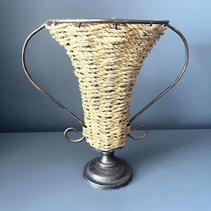 Vintage Wicker and Wrought Iron Urn, Tall Large Boho Vase, Rustic Amphora Basket, Industrial Farmhouse Decor, Natural French Home accessory