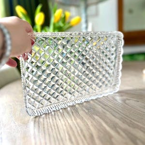 Vintage Cut Glass Tray,Diamond Pattern Glass Serving Tray, Vanity Elegant Jewellery or Desert Display Rectangular Plate Coffee Table Decor