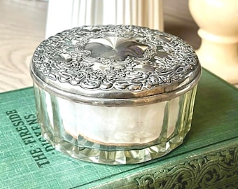 Vintage glazen poederpot met sierlijk zilveren deksel ijdelheid dressoir poederdons container art deco stijl ijdelheid opslag antieke stijl trinket box