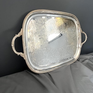 Silbertablett Butlers großes Vintage Barker Ellis rechteckiges Servierbrett versilbert mit Griffen, englisches Silberbesteck