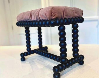 Antique Bobbin Turned Stool, Tufted Velvet Buttoned Upholstered Seat, Black Ball Legs Piano Vanity or Fireside Stool
