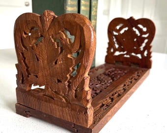 Vintage Hand Carved Wooden Book Stand Folding Book Holder-Ornate Floral Carved Wood Book Rack-Rustic Extendable Bookends Library Shelf Decor