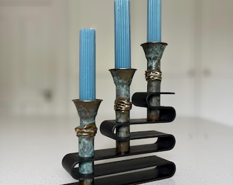 Brutalist MCM Candelabra Verdigris Patina Copper & Forged Iron,Attributed to Guy Bel, Quebec Studio Art, Vintage Metal Candlestick Sculpture