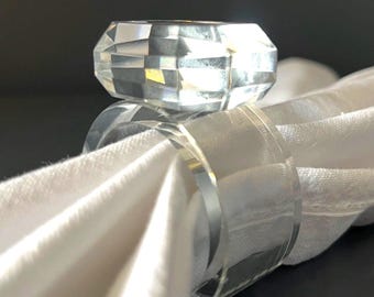 10 x Crystal Glass Napkin Rings , Set Of 10 Vintage Baguette Cut Lead Crystal Ring Shaped Serviette Holders, Mid Century Wedding Table Decor