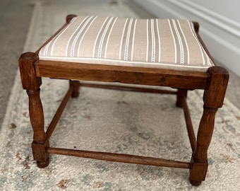 Vintage Wooden Footstool with Ticking Stripe Cushion | Rustic Solid Wood Farmhouse Stool | English Country Decor| Natural Coastal Decor
