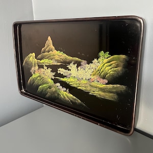 Vintage Japanese Black Lacquer Tray|  Hand Painted Landscape Serving Rectangular Tray| Chinoiserie Hollywood Regency Decor|  Asian Art