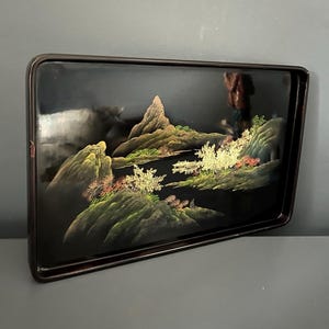 Vintage Japanese Black Lacquer Tray|  Hand Painted Landscape Serving Rectangular Tray| Chinoiserie Hollywood Regency Decor|  Asian Art