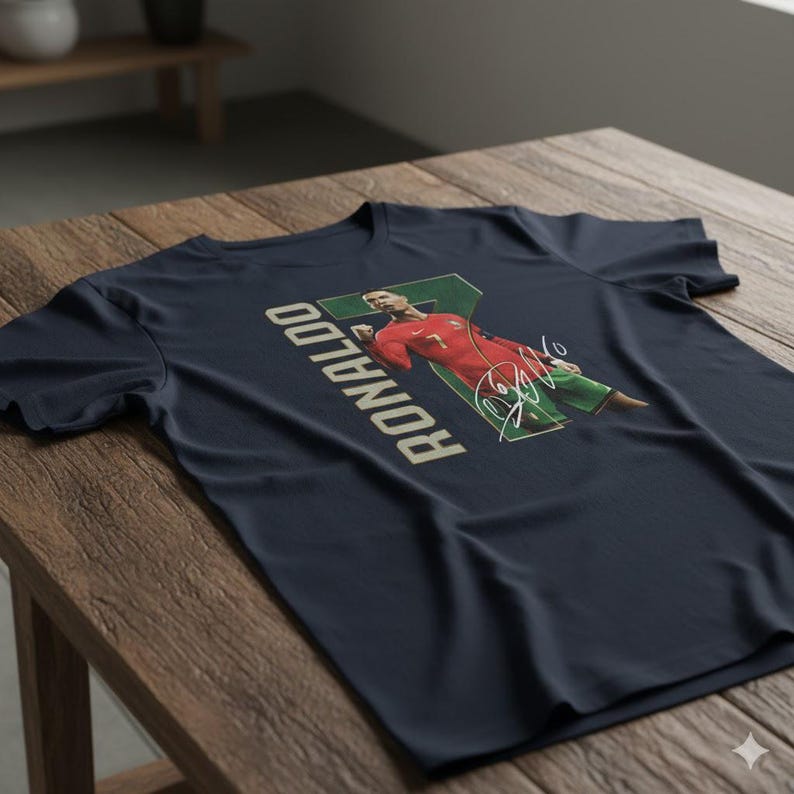 Op de afbeelding: Marineblauw T-shirt met een afbeelding van een voetballer in een rood en groen tenue, met de naam "RONALDO" verticaal in goud gedrukt. Het shirt bevat ook een handtekening.