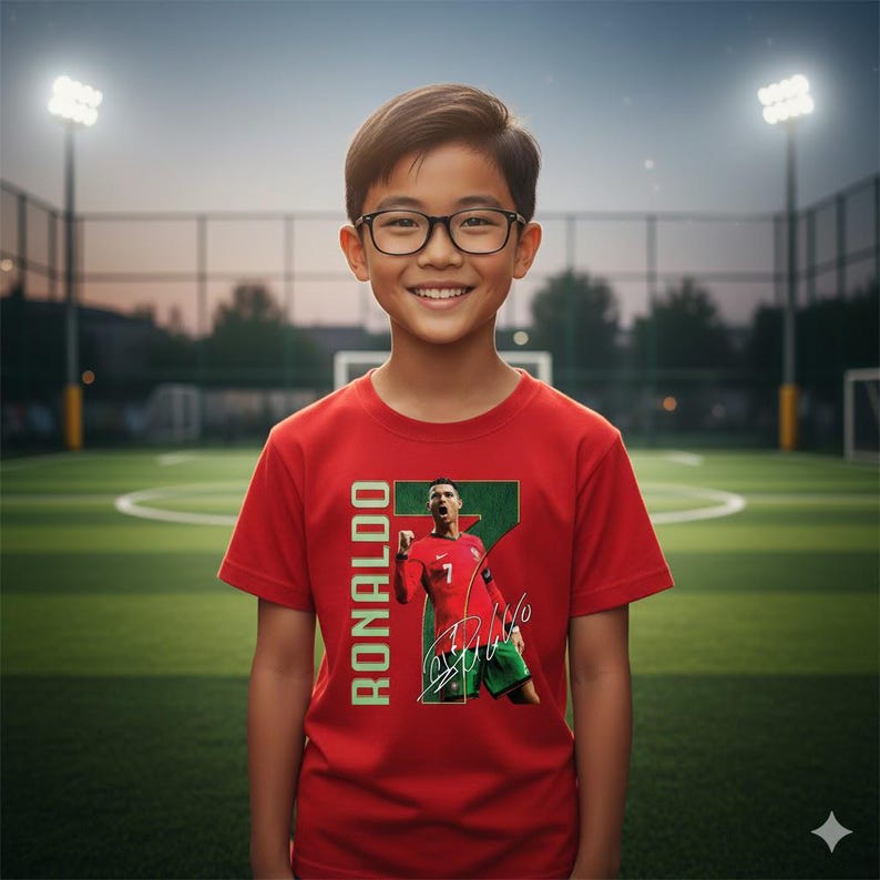Op de afbeelding: Een rood t-shirt met een afbeelding van een voetballer in een rood tenue, met nummer 7 en de naam "Ronaldo". Het ontwerp bevat groene en witte elementen en de handtekening van de speler. Het t-shirt wordt gedragen door een persoon met een bril.