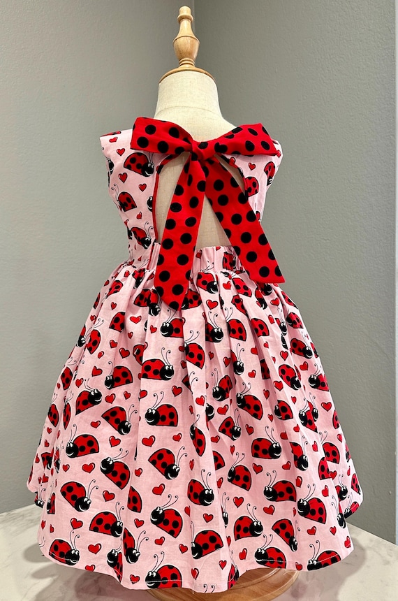 pink ladybug dress Ladybug Dress: Pink Cotton Girl's Dress with Red Accents