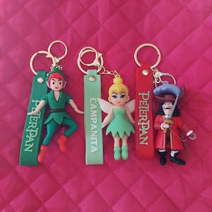 Puede incluir: Cuatro llaveros de personajes, incluyendo Peter Pan, Campanilla y el Capitán Garfio. Cada llavero tiene un anillo dorado y una correa de color con el nombre del personaje. Peter Pan es verde, Campanilla verde y el Capitán Garfio rojo.