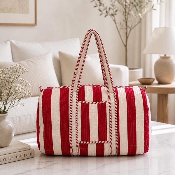 Bolsa de lona acolchada de algodón, hecha a mano, estilo bohemio con rayas rojas, ideal para viajes de fin de semana, gimnasio o escapadas de fin de semana (45x30x24)
