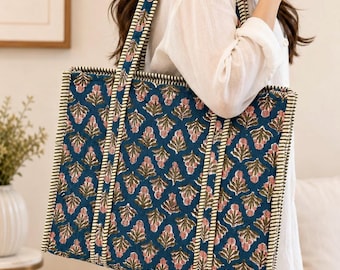 Quilted Cotton Tote Bag, Blue Floral Block Print, Everyday Shoulder,Shopping Travel Bag (18x18)