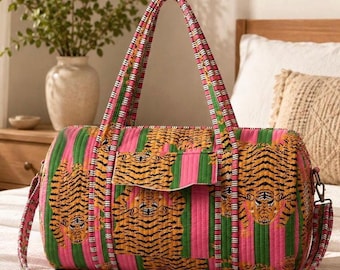 Quilted Cotton Tiger Print Duffle Bag,Gym Overnight,weekender Shoulder bag