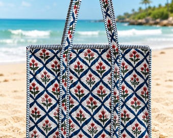 Handmade Quilted Cotton  White Tote Bag, Floral Block Print,Travel,Shopping, Shoulder,Beach Bag