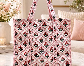 Quilted Cotton  white Floral Tote Bag, Shoulder, Market ,Beach,Travel Bag (18x18)