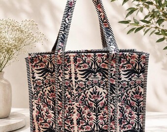 Quilted Cotton Tote Bag | Floral Block Print,Beach,Shoulder ,Travel,Shopping bag(18x18)