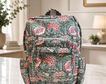 Quilted Floral Cotton Backpack, Lightweight Travel School Bag