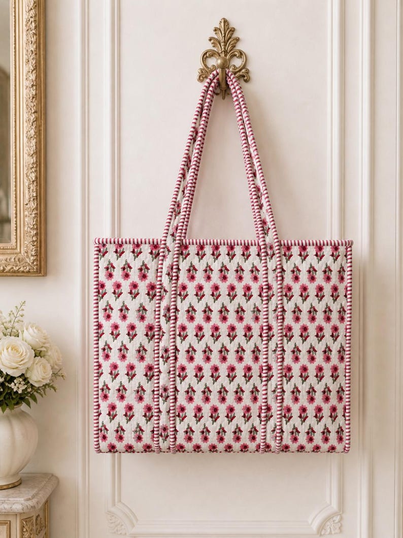May include: A rectangular tote bag with a floral pattern in pink and white hangs from a decorative gold hook. The bag has pink and white striped handles and trim. The floral pattern is repeated across the bag's surface.