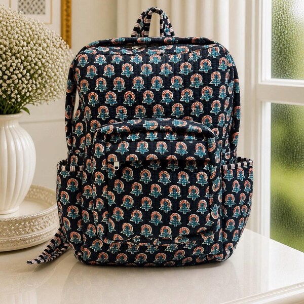 Handmade  Block Printed Quilted Cotton Backpack, Floral Travel,weekend,overnight, holiday,School Bag