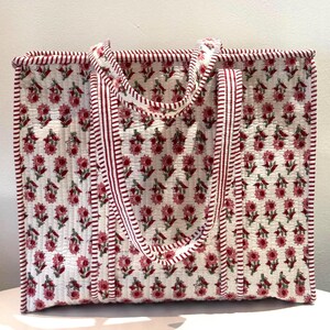 Quilted Bridal Shopper tote Bag: Handmade floral Block print Travel ,Beach ,Everyday shoulder ,weekender bag | Bridesmaid gift image 8