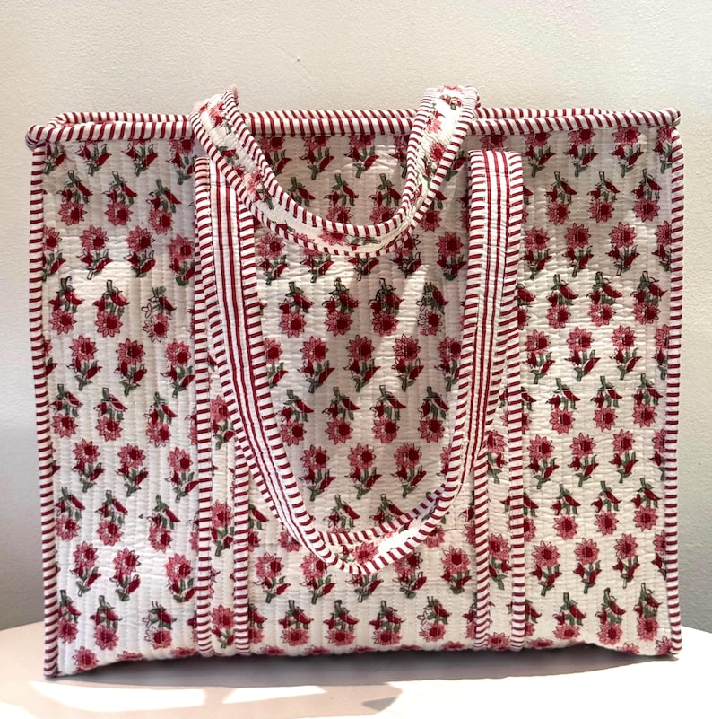Quilted Bridal Shopper tote Bag: Handmade floral Block print Travel ,Beach ,Everyday shoulder ,weekender bag | Bridesmaid gift image 8