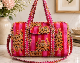 Quilted Cotton Tiger Print Duffle Bag, Travel Gym Overnight Shoulder Bag
