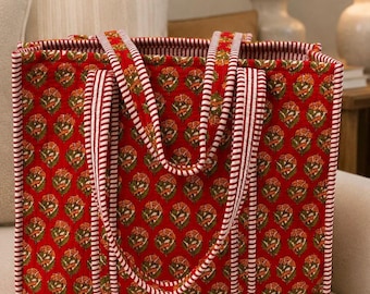 Quilted Cotton Tote Bag | Red Floral Block Print, Boho Shoulder, Travel,Shopping Beach bag