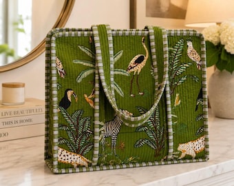 Handmade Jungle Print Quilted Cotton Tote Bag: Travel Beach Shopper,Bridesmaid Gift